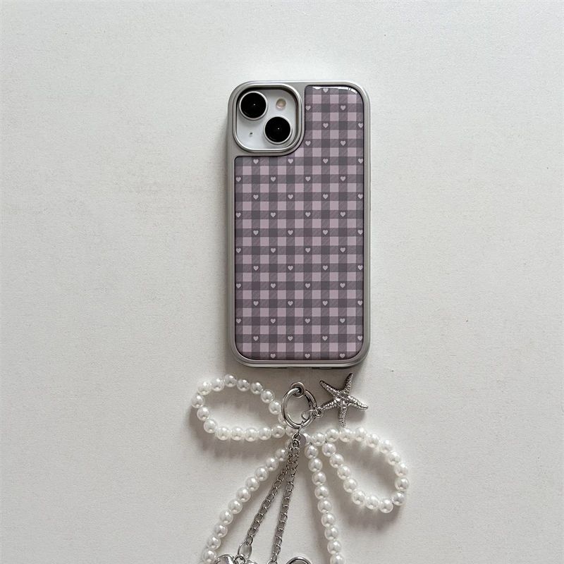 Phone Cases Purple - Pink Purple Heart-Shaped Checkered Korean ins